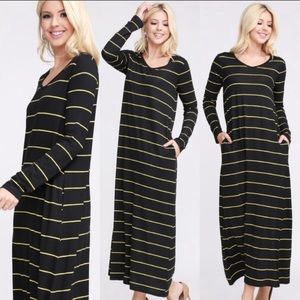 Maxi dress stripe long sleeve v neck pockets black yellow M
